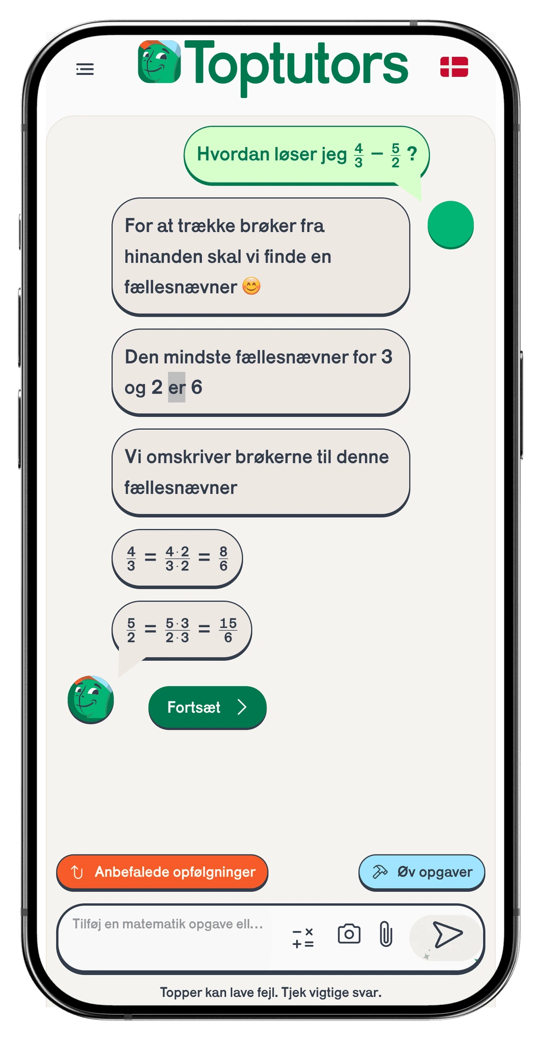 AI Tutor app der løser en matematikopgave trin for trin